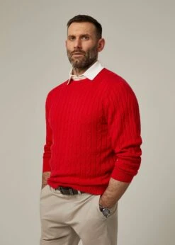 Honley Cotton Cashmere Cable Knit Jumper In Rosso -Elegant Wear World 096a19 honley mens cotton cashmere cable knit jumper rosso 1
