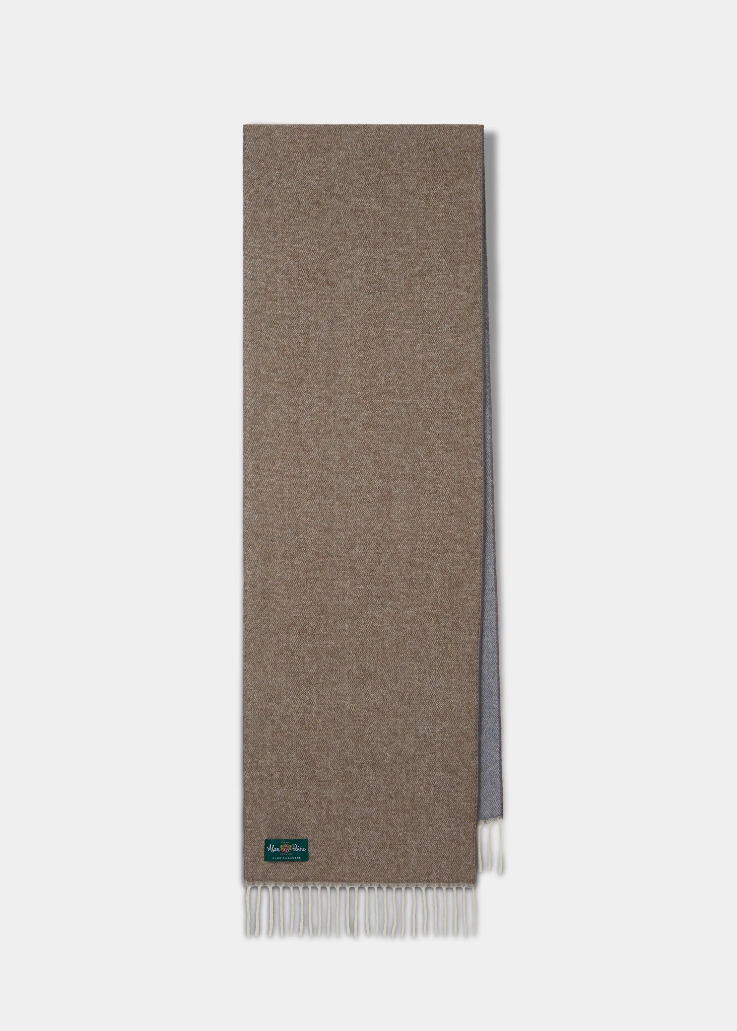 Tackley Two Colour Reversible Cashmere Scarf In Mushroom And Slate 1 Tackley Two Colour Reversible Cashmere Scarf In Mushroom And Slate