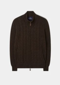 Aberfoyle Men's Lambswool Cable Front Zip Mock Neck In Cocoa