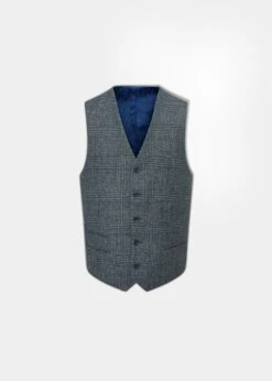 Surrey Men's Tweed Lined Country Waistcoat In Blue Check - Regular Fit