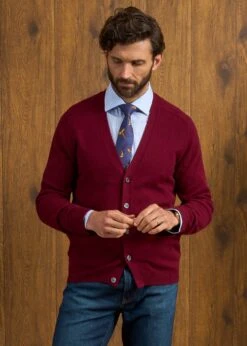 Cornwall Lambswool Cardigan In Bordeaux - Classic Fit -Elegant Wear World Cornwall Lambswool Cardigan Mens Bordeaux 3