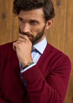 Cornwall Lambswool Cardigan In Bordeaux - Classic Fit -Elegant Wear World Cornwall Lambswool Cardigan Mens Bordeaux 6