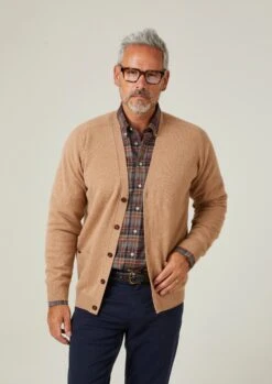 Cornwall Lambswool Cardigan In Camel - Classic Fit -Elegant Wear World Cornwall Lambswool Mens Cardigan Camel