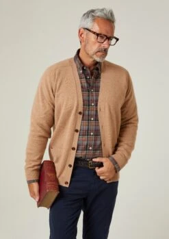 Cornwall Lambswool Cardigan In Camel - Classic Fit -Elegant Wear World Cornwall Lambswool Mens Cardigan Camel 1