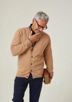 Cornwall Lambswool Cardigan In Camel - Classic Fit -Elegant Wear World Cornwall Lambswool Mens Cardigan Camel 2