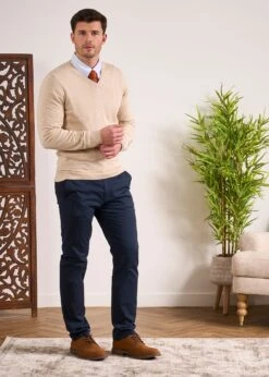 Rothwell Cotton Cashmere Jumper In Sand -Elegant Wear World Cotton Cashmer Jumper Vee Neck Sand 1
