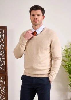 Rothwell Cotton Cashmere Jumper In Sand -Elegant Wear World Cotton Cashmer Jumper Vee Neck Sand 4