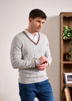 Sandford Cotton Cashmere Cable Knit Vee Neck Jumper In Dove -Elegant Wear World Cotton Cashmere Cable Jumper Grey 2