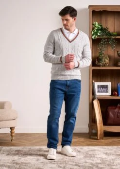 Sandford Cotton Cashmere Cable Knit Vee Neck Jumper In Dove -Elegant Wear World Cotton Cashmere Cable Jumper Grey 4