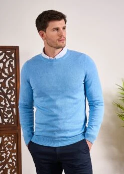 Leysmill Cotton Cashmere Jumper In Carolina Blue -Elegant Wear World Cotton Cashmere Jumper Crew Neck Blue 2