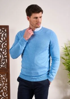 Leysmill Cotton Cashmere Jumper In Carolina Blue -Elegant Wear World Cotton Cashmere Jumper Crew Neck Blue 4