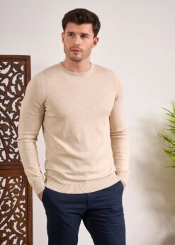 Leysmill Cotton Cashmere Jumper In Sand 9 Leysmill Cotton Cashmere Jumper In Sand -Elegant Wear World Cotton Cashmere Jumper Crew Sand 2