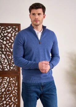 Selhurst Cotton Cashmere 1/4 Zip Jumper In Indigo -Elegant Wear World Cotton Cashmere Quarter Zip Jumper Indigo 2