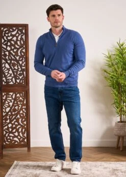 Selhurst Cotton Cashmere 1/4 Zip Jumper In Indigo -Elegant Wear World Cotton Cashmere Quarter Zip Jumper Indigo 3