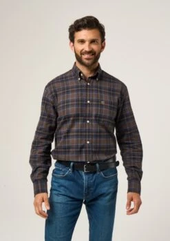 Ilkley Flannel Green Check Shirt - Shooting Fit -Elegant Wear World Ilkley Mens Flannel Check Shirt Brown