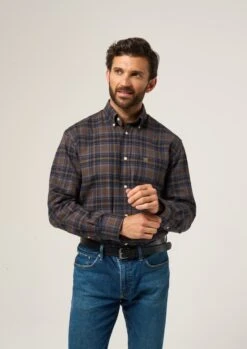 Ilkley Flannel Green Check Shirt - Shooting Fit -Elegant Wear World Ilkley Mens Flannel Check Shirt Brown 3