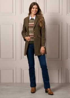 Surrey Ladies Mid-Thigh Tweed Coat In Hemlock - Regular Fit -Elegant Wear World Ladies Tweed Long Coat Surrey Hemlock 2