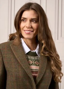 Surrey Ladies Mid-Thigh Tweed Coat In Hemlock - Regular Fit -Elegant Wear World Ladies Tweed Long Coat Surrey Hemlock 3