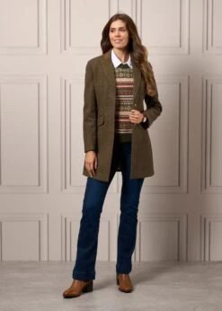 Surrey Ladies Mid-Thigh Tweed Coat In Hemlock - Regular Fit -Elegant Wear World Ladies Tweed Long Coat Surrey Hemlock 7