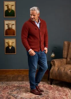 Usworth Men's Shawl Collar Lambswool Jumper In Sienna - Regular Fit 5 Usworth Men's Shawl Collar Lambswool Jumper In Sienna - Regular Fit -Elegant Wear World Lambswool Shawl Cardigan Red Brown