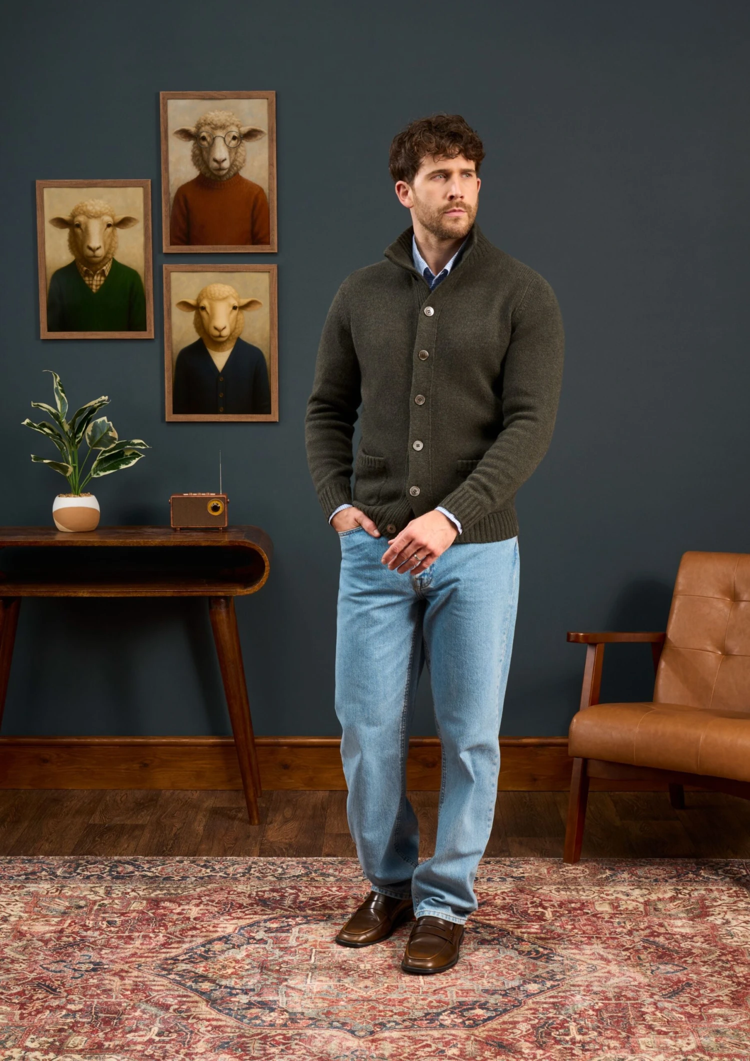 Landford Men's Lambswool Buttoned Jumper In Seaweed - Regular Fit 3 Landford Men's Lambswool Buttoned Jumper In Seaweed - Regular Fit - Image 3