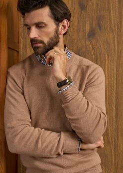 Lenzie Men's Lambswool Jumper In Camel - Regular Fit -Elegant Wear World Lenzie Lambswool Crew Neck Jumper Camel 5