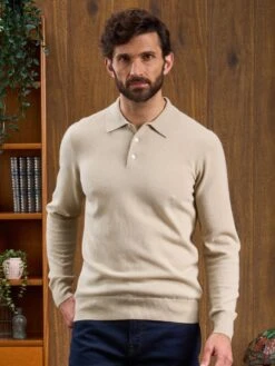 Men's Geelong Lambswool Long Sleeve Polo Shirt In Natural - Regular Fit -Elegant Wear World Long Sleeve Polo Shirt Natural 2