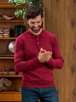 Men's Geelong Lambswool Long Sleeve Polo Shirt In Rosso - Regular Fit -Elegant Wear World Long Sleeve Polo Shirt Red 1