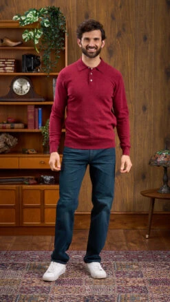 Men's Geelong Lambswool Long Sleeve Polo Shirt In Rosso - Regular Fit -Elegant Wear World Long Sleeve Polo Shirt Red 2