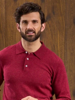 Men's Geelong Lambswool Long Sleeve Polo Shirt In Rosso - Regular Fit -Elegant Wear World Long Sleeve Polo Shirt Red 3