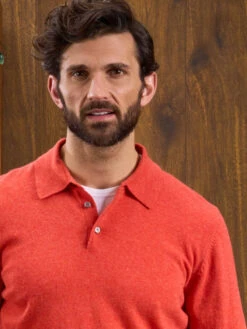 Men's Geelong Lambswool Long Sleeve Polo Shirt In Fire - Regular Fit -Elegant Wear World Long Sleeve Polo Shirt Red 3 1