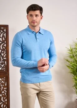 Pentlow Luxury Cotton Long Sleeve Polo Shirt In Carolina Blue 9 Pentlow Luxury Cotton Long Sleeve Polo Shirt In Carolina Blue -Elegant Wear World Luxury Cotton Polo Shirt Carolina Blue 2