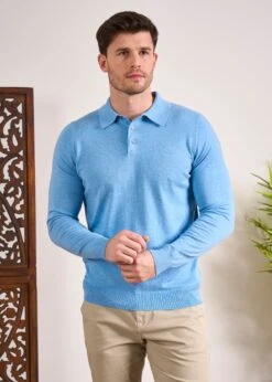 Pentlow Luxury Cotton Long Sleeve Polo Shirt In Carolina Blue 11 Pentlow Luxury Cotton Long Sleeve Polo Shirt In Carolina Blue -Elegant Wear World Luxury Cotton Polo Shirt Carolina Blue 4