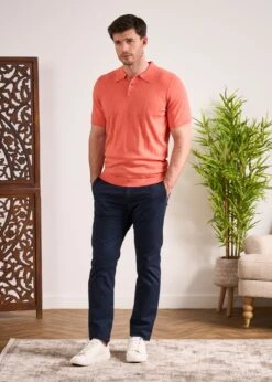 Knighton Luxury Cotton Polo With Pointelle Detail In Coral -Elegant Wear World Luxury Cotton Polo Shirt Coral 1