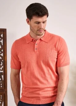 Knighton Luxury Cotton Polo With Pointelle Detail In Coral -Elegant Wear World Luxury Cotton Polo Shirt Coral 2