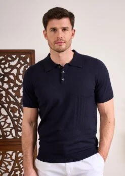 Knighton Luxury Cotton Polo With Pointelle Detail In Dark Navy