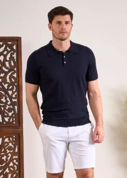 Knighton Luxury Cotton Polo With Pointelle Detail In Dark Navy -Elegant Wear World Luxury Cotton Polo Shirt Navy 4