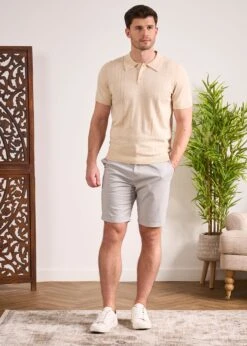 Knighton Luxury Cotton Polo With Pointelle Detail In Sand -Elegant Wear World Luxury Cotton Polo Shirt Sand 1