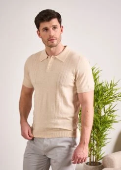 Knighton Luxury Cotton Polo With Pointelle Detail In Sand -Elegant Wear World Luxury Cotton Polo Shirt Sand 3
