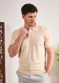 Knighton Luxury Cotton Polo With Pointelle Detail In Sand -Elegant Wear World Luxury Cotton Polo Shirt Sand 4