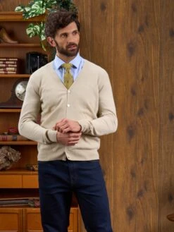 Men's Geelong Lambswool Cardigan In Natural - Classic Fit -Elegant Wear World Mens Cardigan Natural 1