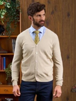 Men's Geelong Lambswool Cardigan In Natural - Classic Fit -Elegant Wear World Mens Cardigan Natural 2