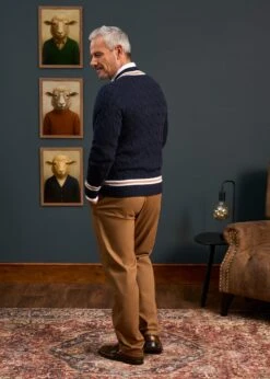 Grafton Men's Merino Wool Cable Cricket Jumper In Navy - Regular Fit -Elegant Wear World Mens Cricket Jumper Navy Glod Trim 2