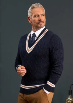 Grafton Men's Merino Wool Cable Cricket Jumper In Navy - Regular Fit -Elegant Wear World Mens Cricket Jumper Navy Glod Trim