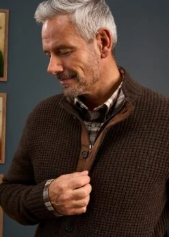 Duchally Men's Waffle Stitch Wool Jacket Cocoa -Elegant Wear World Mens Lambswool Cable Front Zip Mock Neck Jumper Brown 1 0cafbb5d 8fb7 4384 baa8 a769cb64ae8b