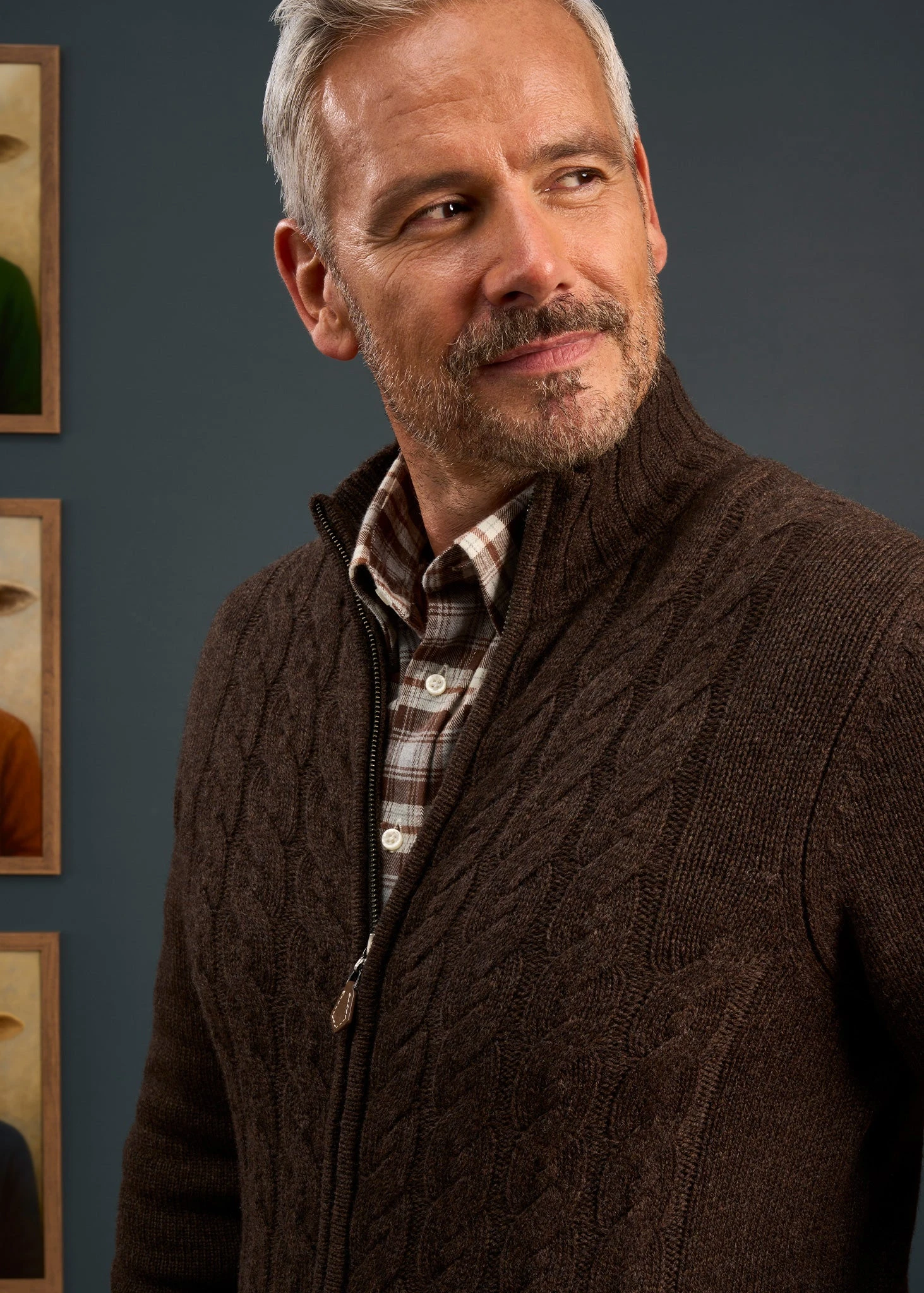 Aberfoyle Men's Lambswool Cable Front Zip Mock Neck In Cocoa 3 Aberfoyle Men's Lambswool Cable Front Zip Mock Neck In Cocoa - Image 3