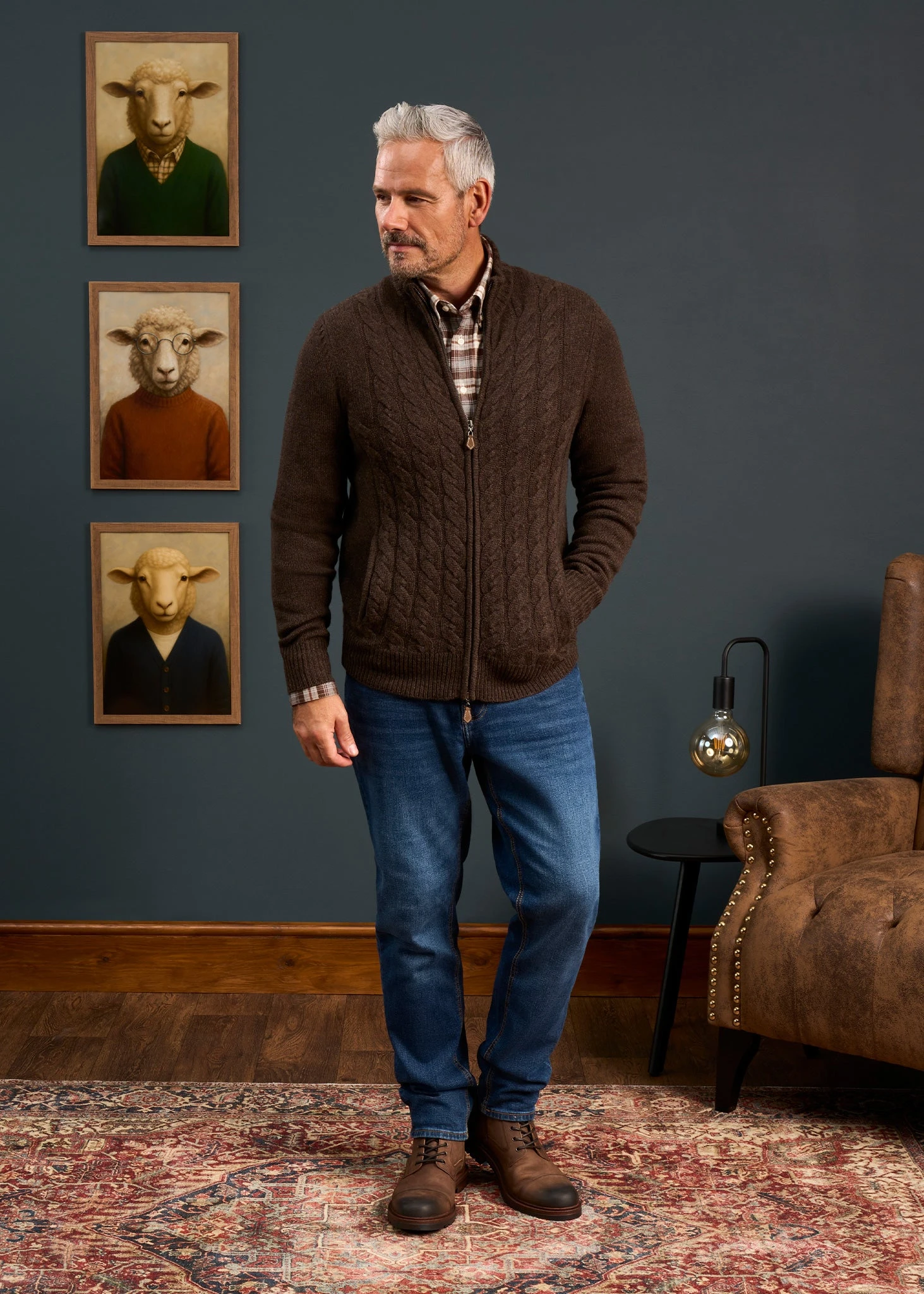 Aberfoyle Men's Lambswool Cable Front Zip Mock Neck In Cocoa 4 Aberfoyle Men's Lambswool Cable Front Zip Mock Neck In Cocoa - Image 4