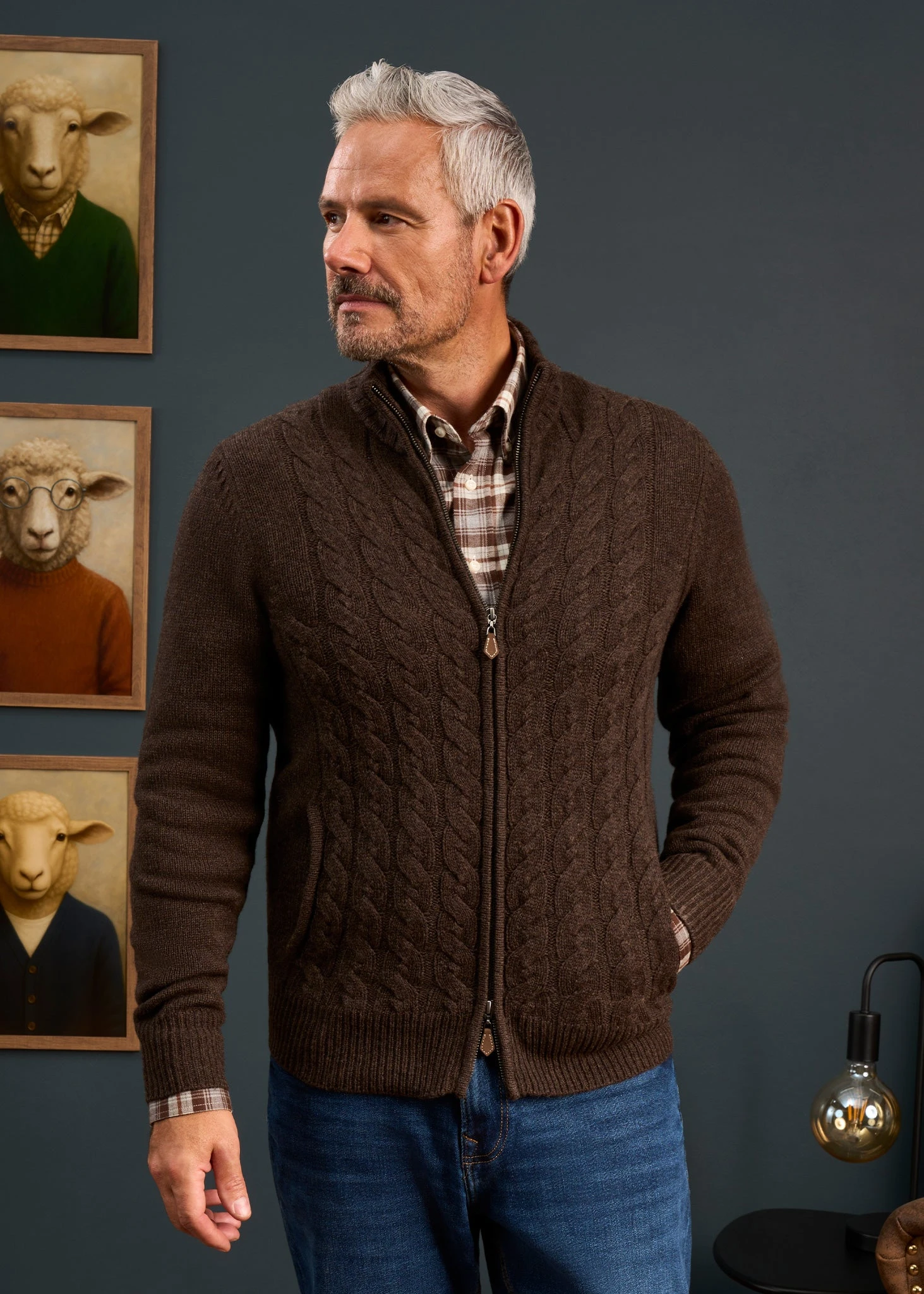 Aberfoyle Men's Lambswool Cable Front Zip Mock Neck In Cocoa 2 Aberfoyle Men's Lambswool Cable Front Zip Mock Neck In Cocoa - Image 2