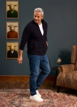 Aberfoyle Men's Lambswool Cable Front Zip Mock Neck In Navy -Elegant Wear World Mens Lambswool Cable Front Zip Mock Neck Jumper Navy 1 82582aaa cce2 4096 a9d7 2a16b725a27f