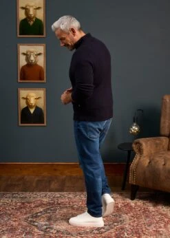 Aberfoyle Men's Lambswool Cable Front Zip Mock Neck In Navy -Elegant Wear World Mens Lambswool Cable Front Zip Mock Neck Jumper Navy 3